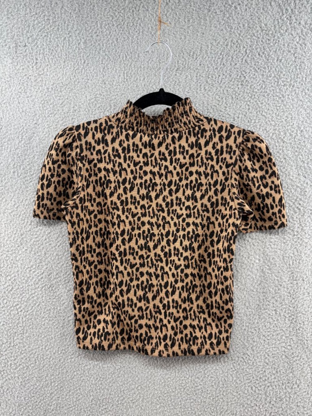 NWT Zara Brown Black Leopard Knit Puff Sleeve Smocked Mock Neck Top S - Picture 5 of 10